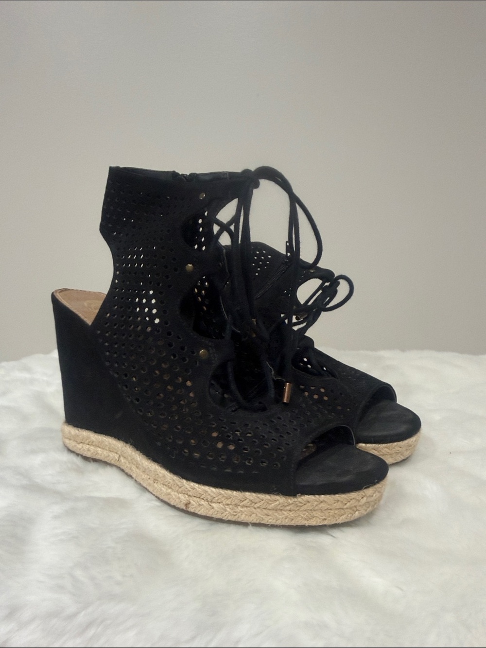 Charming Charlie Black Lace-Up Perforated Wedge Sandals